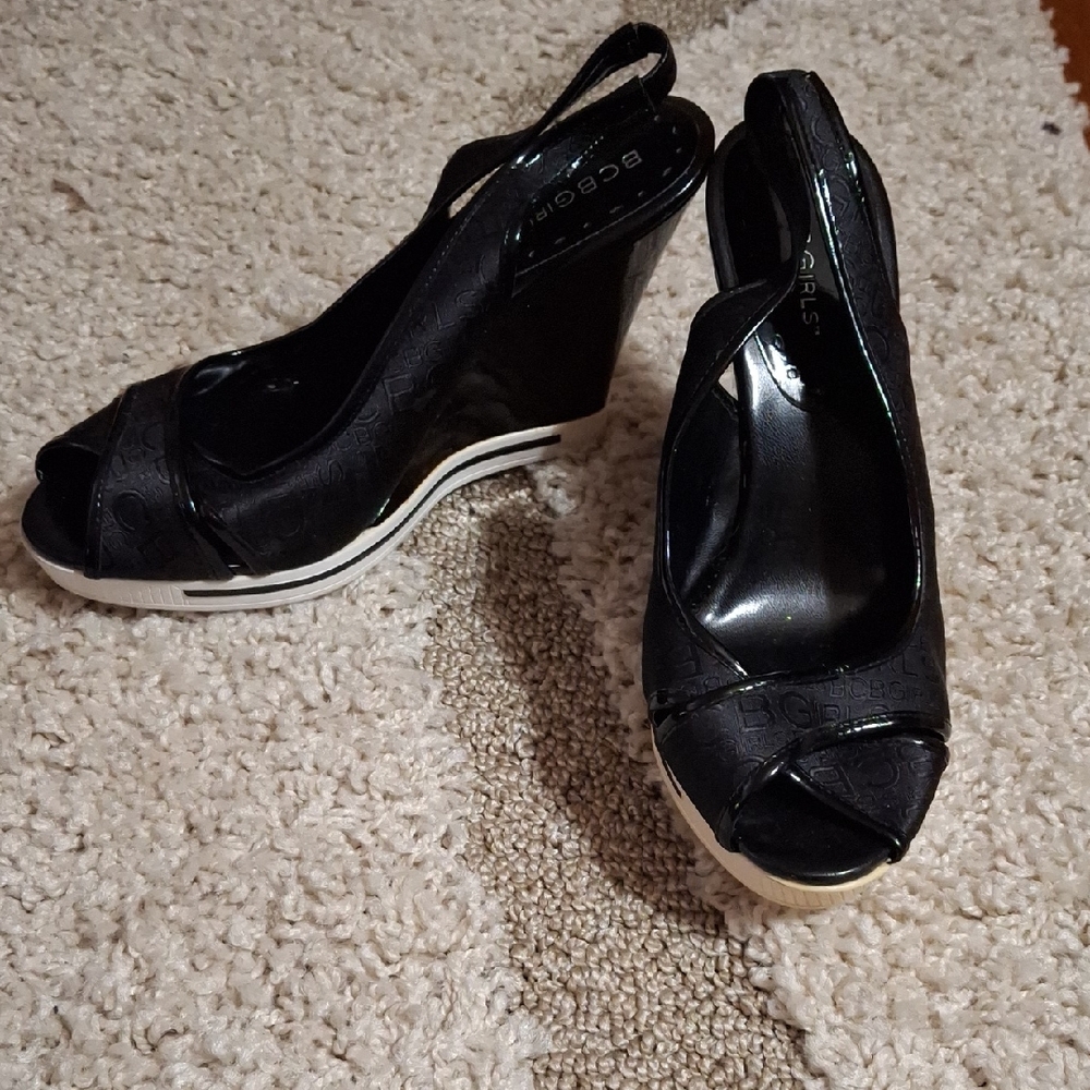 BCBGirls Black Peep-Toe Wedges 8.5